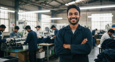 Fototapeta premium Smiling factory worker with arms crossed in a textile manufacturing plant.