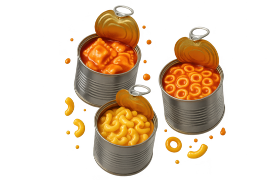 Assortment of canned pasta on a transparent background, isolated, ready to use
