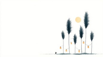 Whimsical minimalist illustration of pampas grass with hanging lanterns under a sun, ample copy space