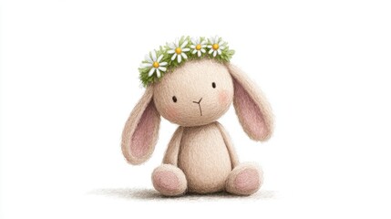 Cute plush bunny with flower crown on white background