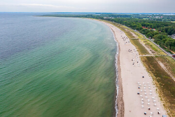 Early morning aerial view of the still empty beach of Boltenhagen on the Baltic Sea