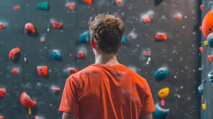 Young Man at Indoor Climbing Wall Ready to Climb