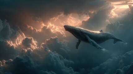 Majestic whale in surreal cloudy skies - aerial marine life art