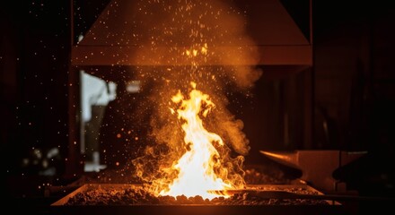 Dynamic burst of fiery sparks illuminating a traditional blacksmith's forge, showcasing intense heat and the ancient craft of metal shaping.