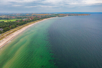 Early morning aerial view of the still empty beach of Boltenhagen on the Baltic Sea