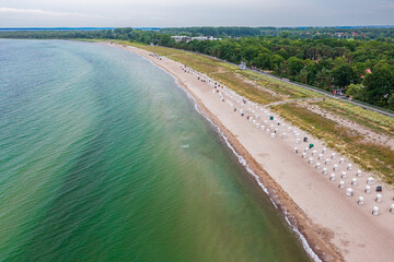 Early morning aerial view of the still empty beach of Boltenhagen on the Baltic Sea