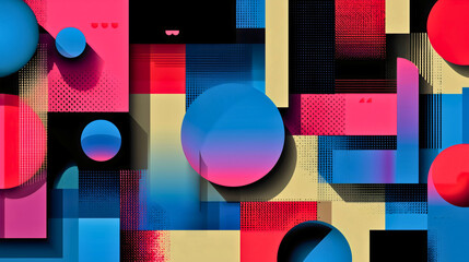 A dynamic abstract artwork features a complex geometric pattern of overlapping blocks and lines, rendered in bright, glowing neon colors against a dark background.