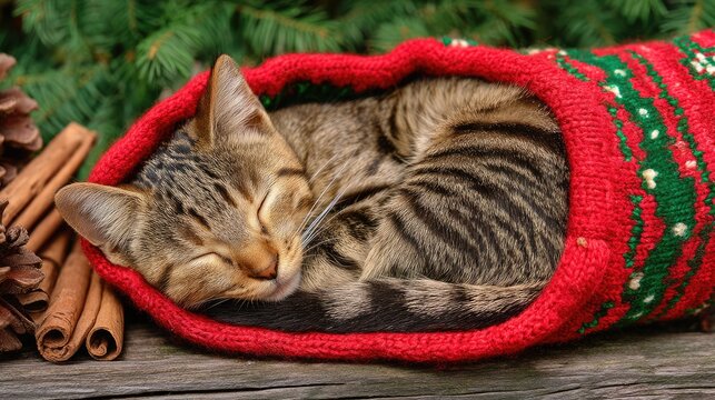 Adorable Kitten Sleeping in Red Christmas Stocking near Pine Cones and Cinnamon Sticks