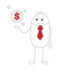 Happy Hand Drawn Business Man Stick Character Showing Dollar Coin. People doing business and earning money vector art