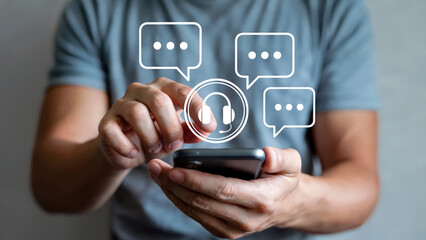 Using customer support app on smartphone, a person connects through communication platform for assistance and support, enhancing user experience with mobile technology.