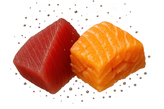 Delicious fresh tuna and salmon sashimi pieces isolated on transparent background - Powered by Adobe