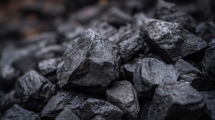 High resolution panoramic background of anthracite pieces with deep black tones and sharp texture, showing the best type of hard coal used for energy, heating, fuel, industrial carbon-based materials