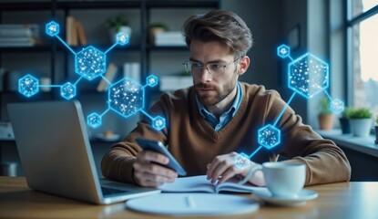 Man working on a laptop with holographic data structures floating around him in a modern office setting