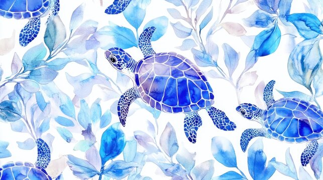 Watercolor Sea Turtles & Leaves Seamless Pattern