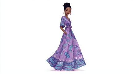 Fashion illustration of an elegant Black woman in a flowing purple paisley maxi dress, isolated on a white background