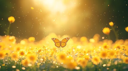 Golden Hour Butterfly in Yellow Flower Field