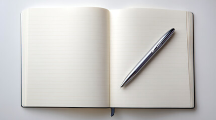 Minimalist table with an empty notebook and pen, softly lit from above on a clean white background.