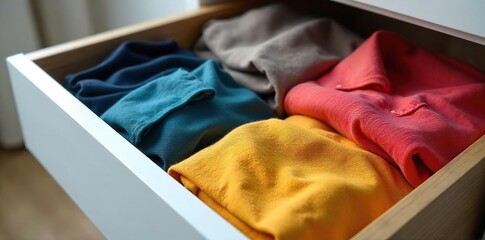 Organized Clothing Drawer A Serene Home Organization Scene Featuring Carefully Folded Garments, Representing Mindful Clothing Care and Neatness.