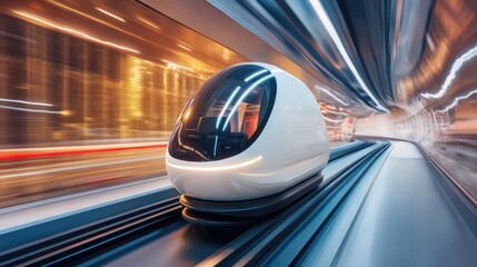 Futuristic train in a tunnel at night