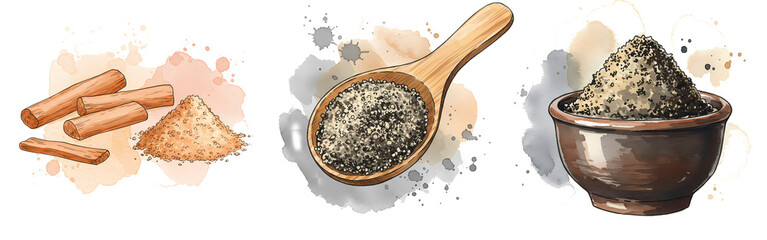 Artistic depiction of cinnamon sticks powder spoon with seeds and bowl with seeds on a light splash on transparent background