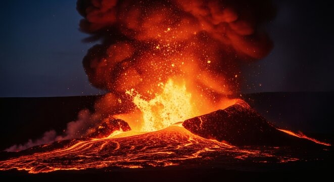A powerful volcanic eruption illuminates the night sky with glowing molten lava and a towering ash plume, showcasing Earth's raw, untamed geological might.