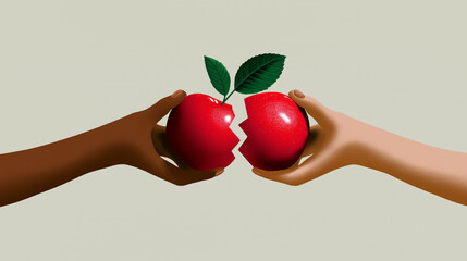 Hands of different skin tones hold a shattered red apple, highlighting unity and sharing. Soft beige background adds warmth. Concept of food sharing, friendship, community