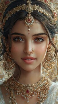 Indian Royal Portraiture,
Traditional Beauty & Jewelry, royal beauty in traditional jewelry, royal indian woman portrait with gold jewelry, classic indian queen in traditional attire