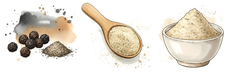 A depiction of peppercorns, ground pepper in a spoon, and a bowl of white powder on a plain surface on transparent background