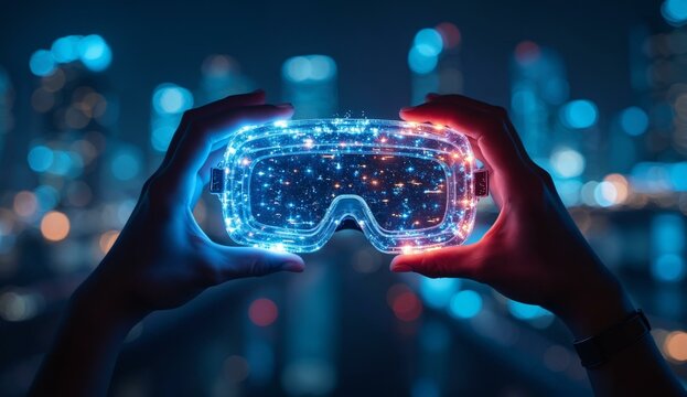 Hands holding a glowing, futuristic pair of goggles against a cityscape backdrop at night