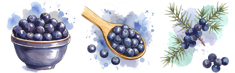 A watercolor depiction of juniper berries in a bowl, spoon and on a branch with foliage art style on transparent background