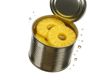 Canned pineapple rings isolated on transparent background, open metal can