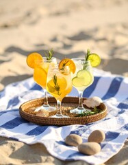 Three summer cocktails with citrus and rosemary on a wicker tray atop a striped blanket on sandy beach, with seashells and stones for a breezy seaside vibe.