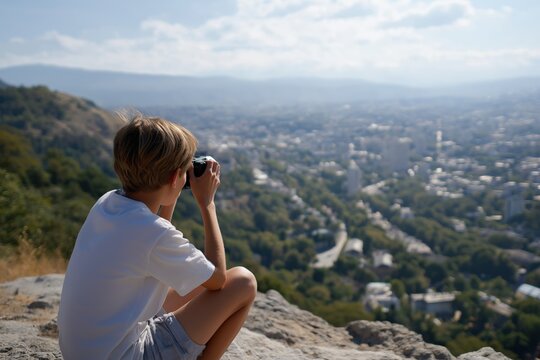 Young caucasian boy observing cityscape through binoculars from mountain viewpoint - Powered by Adobe