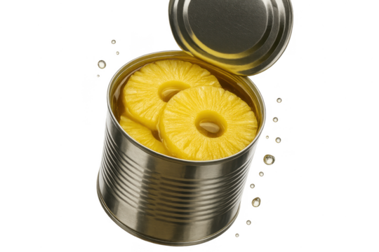 Canned pineapple rings isolated on transparent background, open metal can