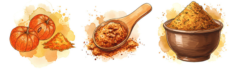 A watercolor style artwork showing pumpkins, spice in a spoon, and spice in a bowl arrangement on transparent background
