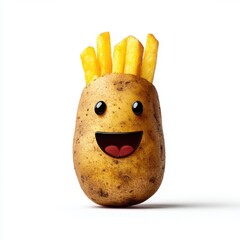 Joyful potato character enjoying hot french fries kitchen digital art bright fun