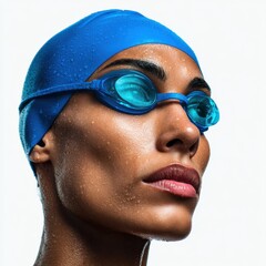 Female swimmer capturing strength in goggles and cap at poolside