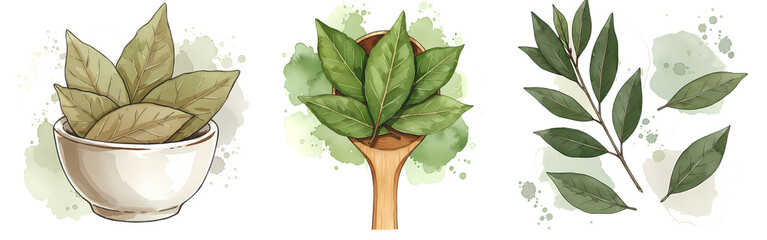 Three arrangements of bay leaves in a bowl, on a spoon, and a branch with green watercolor splashes around on transparent background