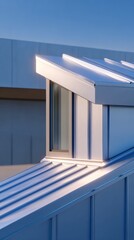 Modern architectural design with metal seam roof and joinery in bright light.