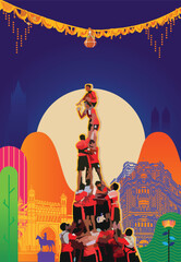 Abstract illustration of a traditional Indian festival celebration featuring Dahi Handi, a Dahi Handi celebration in Maharashtra, Mumbai, with youth forming a human pyramid under festive decorations.