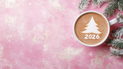 White mug of coffee features Christmas tree latte art design and the year "2026," alongside snowy pine branch on pink background, ideal for festive greetings