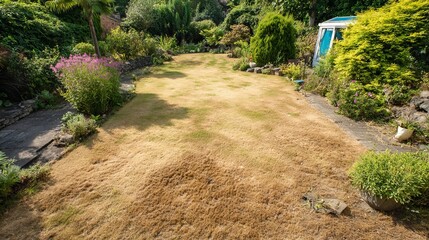 Sunny backyard garden with dry brown grass and moss patches after drought, freshly mowed with lawnmower and strimmer, showing overgrown lawn needing watering, weed control, feeding for grass revival
