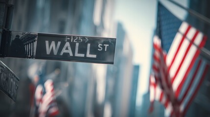 Wall Street sign with American flags in the background, symbolizing financial district.