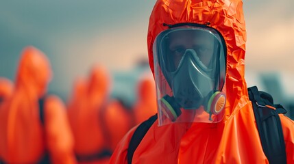 Man in Orange Hazmat Suit with Gas Mask Protection