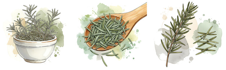 A watercolor style depiction of rosemary in a pot, spoon, and sprigs on a transparent canvas view on transparent background