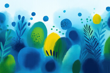 Abstract illustration of the Garden of Eden with lush, stylized botanicals. Vibrant blue and green watercolor style represents the biblical paradise. Ideal for faith and nature themes.