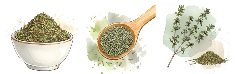 A bowl and spoon filled with thyme and a thyme sprig with a small pile of thyme next to it shown on transparent background