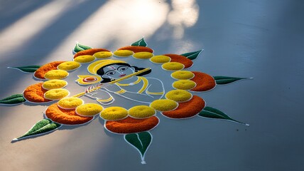 Krishna Janmashtami celebration with beautiful rangoli art featuring lord krishna