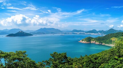 A picturesque view of a serene coastal landscape with lush greenery, calm waters, and distant mountains under a clear blue sky.