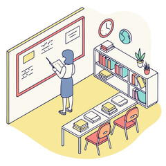 isometric_room, office_interior, standing_person, chalkboard, bookshelves, desk, chair, plant, clock, art_supplies
